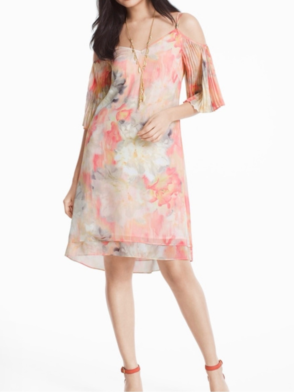 White House Black Market Coral-Peach Cold-Shoulder Floral Midi Dress
